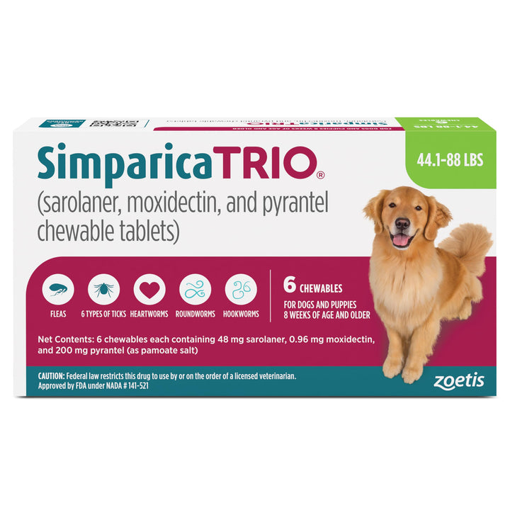 Simparica Trio Chewable for Dogs, Liver Flavor, 44.1-88 lbs, 6-Month Supply