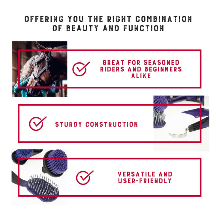 Weaver Equine 6-Piece Horse Grooming Kit, Ergonomic Gentle Horse Care Kit, Equestrian Supplies for Bathing Support, Detangling, and More, Purple/Black