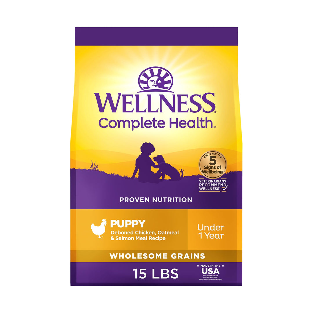 Wellness Complete Health Puppy Dry Dog Food, Wholesome Grain Kibble, Natural, Chicken, Oatmeal, and Salmon Recipe, 15 lb Bag