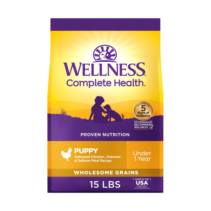 Wellness Complete Health Puppy Dry Dog Food, Wholesome Grain Kibble, Natural, Chicken, Oatmeal, and Salmon Recipe, 15 lb Bag