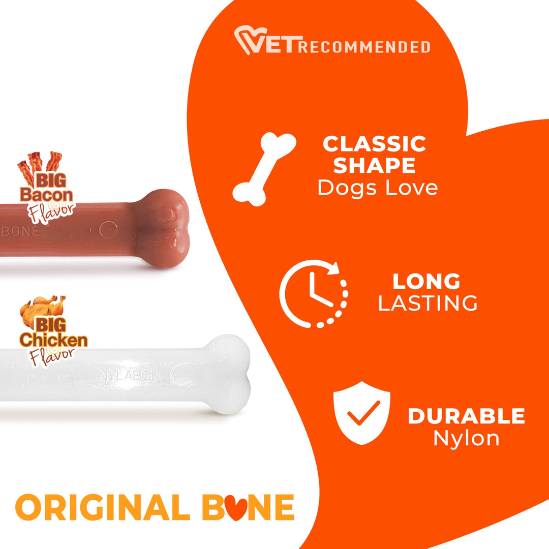Nylabone Power Chew Original Bone Dog Toys, Chicken &amp; Bacon Flavor, 2 Count