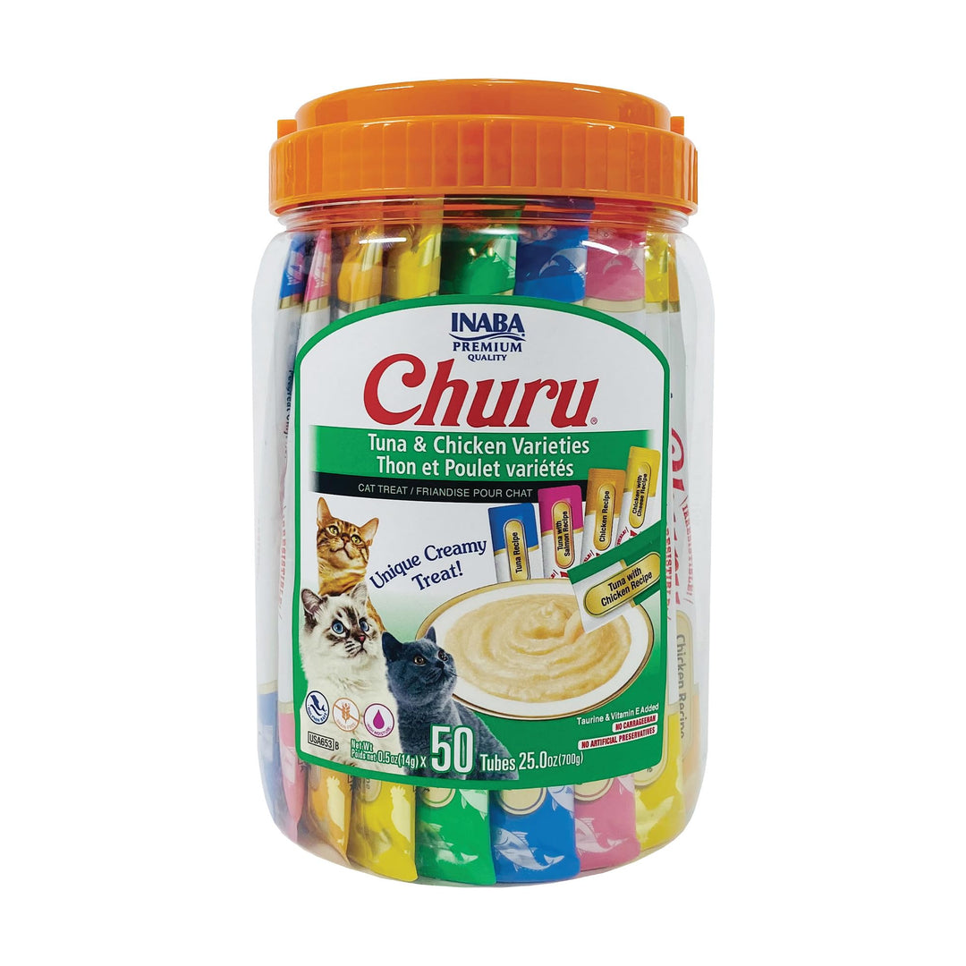 INABA Churu Cat Treats, Lickable, Squeezable Creamy Purée Cat Treat with Green Tea Extract &amp; Taurine, 0.5 Ounces Each Tube, 50 Tubes, Tuna &amp; Chicken Variety