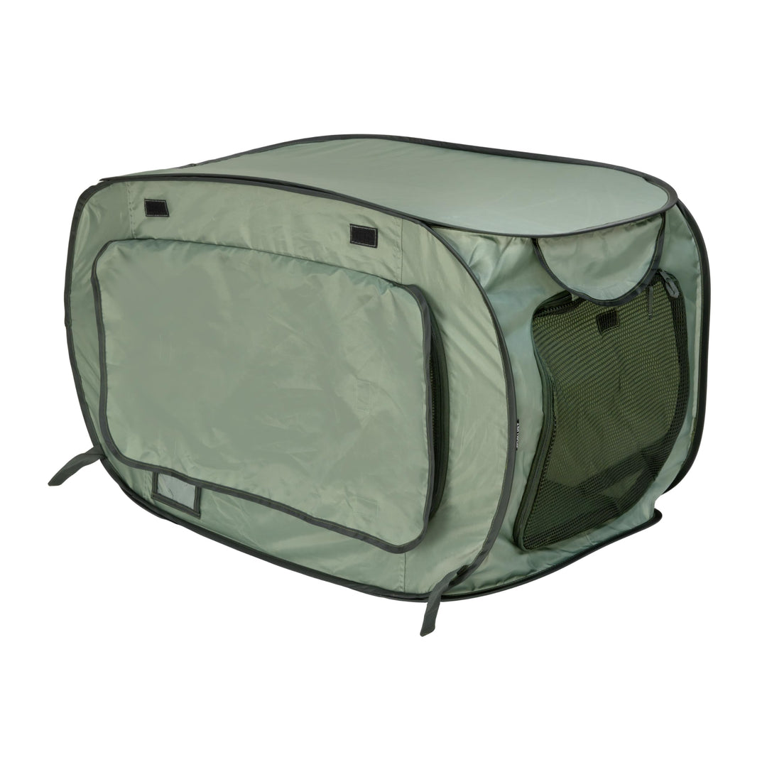 SportPet Designs Soft-Sided Pop-Open Pet Kennel, Medium Portable Travel Crate for Cats &amp; Dogs up to 50 lbs, Foldable Car Kennel with Seatbelt Straps &amp; Washable Waterproof Pad, Green