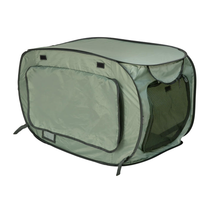 SportPet Designs Soft-Sided Pop-Open Pet Kennel, Medium Portable Travel Crate for Cats &amp; Dogs up to 50 lbs, Foldable Car Kennel with Seatbelt Straps &amp; Washable Waterproof Pad, Green