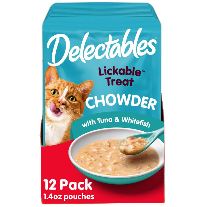 Delectables Lickable Treat Chowder Wet Cat Treat with Real Tuna &amp; Whitefish, Food Topper, Hydrating, Grain-Free, No Fillers, By-Products, Added Preservatives, 1.4oz Pouch, 12ct
