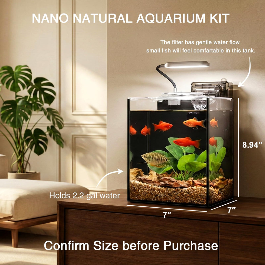 Ahua Walsong 2.2 Gallon Small Fish Tank, Beta Fish Aquariums Starter Kits with Nano Clip-on LED, Waterfall Filter Pump, Plants, Gravel and Rock, Perfect for Small Fish, Shrimp, or Betta (with Lid)