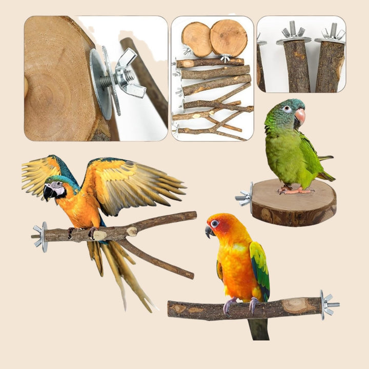 8-Piece Set Natural Wood Bird Perches - Wooden Parrot Stand with Fork Toys, Hanging Multi-Branch Platform, Hammock Swing - Suitable for Parakeets, Budgies - Durable Pet Bird Accessories