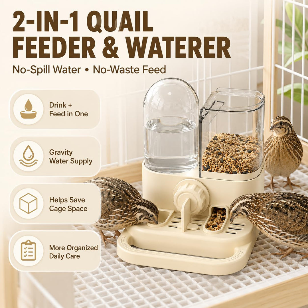 2-in-1 Quail Feeder and Waterer for Cage, Gravity Auto Bird Water Feeder No-Waste Bird Feeder, No-Spill Quail Waterer, Hanging or Standing, Dry/Wet Separation, for Chick/Duck/Hamster