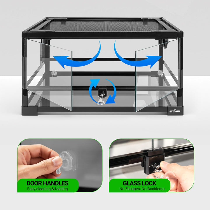 REPTI ZOO Full Glass 20 Gallon Reptile Tank, Front Opening Reptile Terrarium 24" x 18"x 12", Double Hinged Opening Doors &amp; Top Screen Ventilation Escape Proof Lid