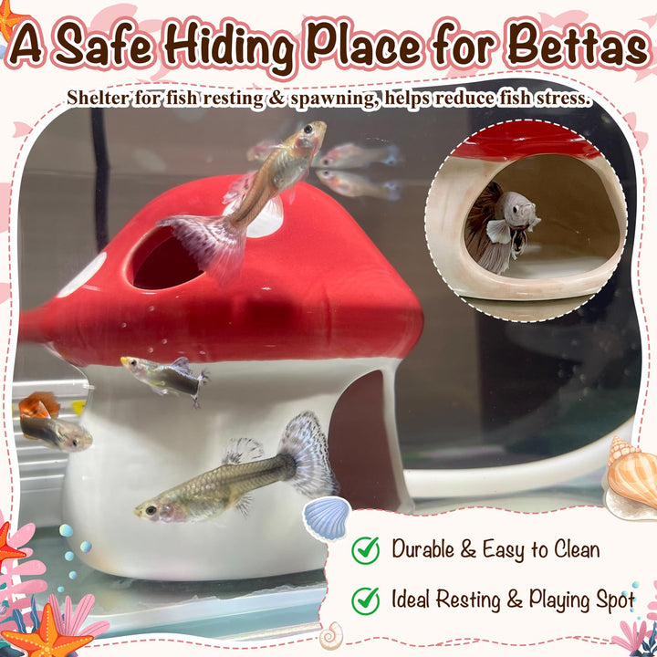 Aquarium Decor Betta Fish Tank Accessories, Cute Ceramic Mushroom House