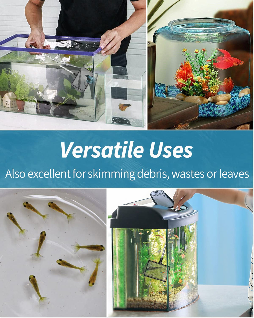 Pawfly 3 Inch Aquarium Fish Net with Telescopic Stainless Steel Handle Small Square Net with Soft Fine Mesh Sludge Food Residue Wastes Skimming Cleaning Net for Fish Tanks Small Koi Ponds and Pools