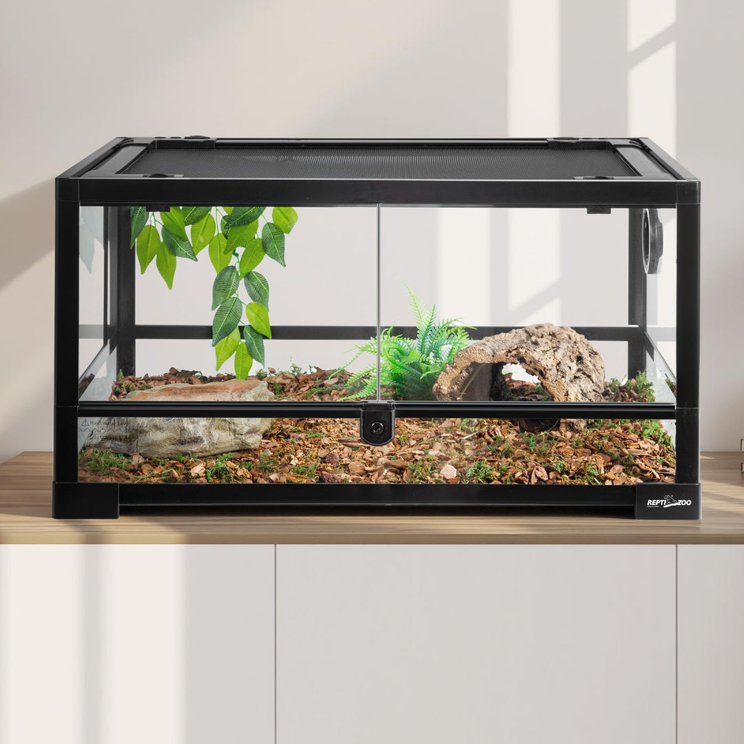 REPTI ZOO Full Glass 20 Gallon Reptile Tank, Front Opening Reptile Terrarium 24" x 18"x 12", Double Hinged Opening Doors &amp; Top Screen Ventilation Escape Proof Lid