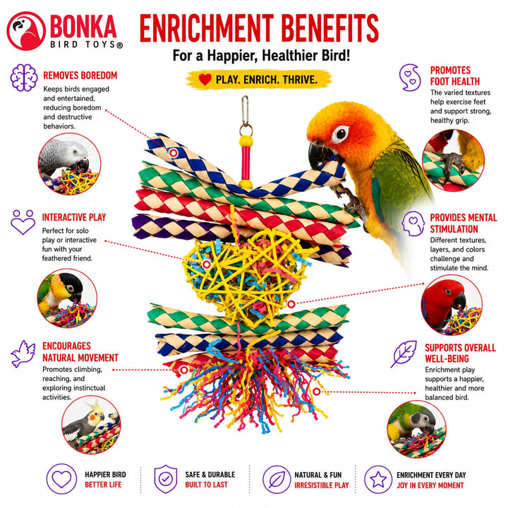 Bonka Bird Toys 1730 Foraging Valentine Heart Bird Toy for Medium Birds Shredding and Chewing Cage Toy Colorful Palm Leaf and Paper Foraging Toy 9" x 6"