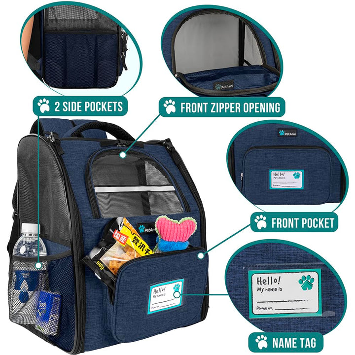 PetAmi Dog Backpack Carrier Airline Approved Cat Pet Puppy Bag, Navy