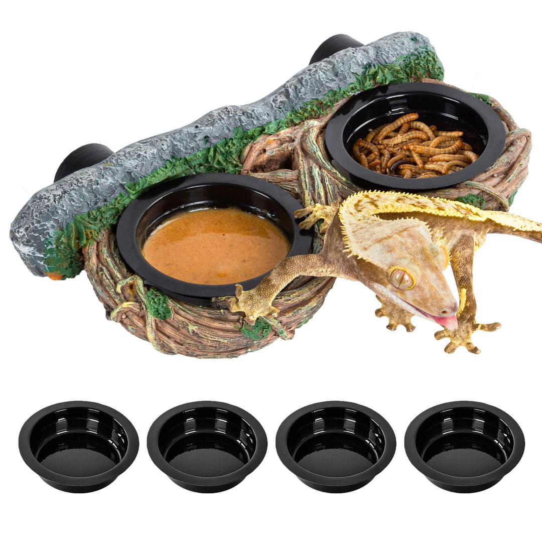 REPTI ZOO Magnetic Reptile Feeding Ledge, Gecko Feeder Ledge with 4PCS Cups, Hollow Vine Food Dish, Reptile Water Bowl for Bearded Dragon Lizard Snake Turtle, Terrarium Tank Accessories