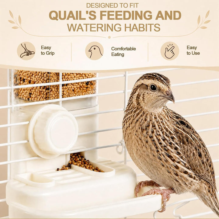 2-in-1 Quail Feeder and Waterer for Cage, Gravity Auto Bird Water Feeder No-Waste Bird Feeder, No-Spill Quail Waterer, Hanging or Standing, Dry/Wet Separation, for Chick/Duck/Hamster