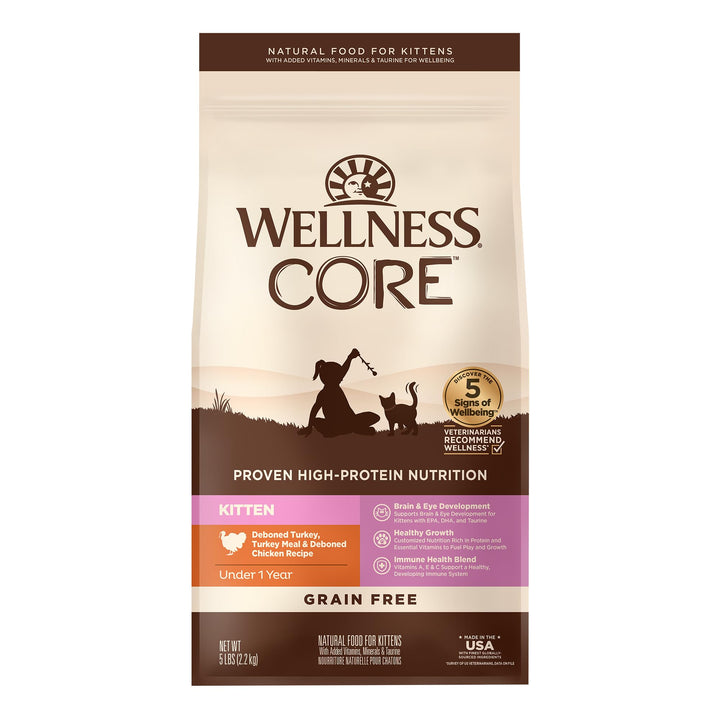 Wellness CORE Kitten Dry Cat Food, Natural, Grain Free Kibble, Turkey Meal and Chicken Recipe, 5 lb Bag