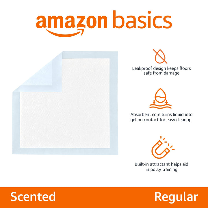 Amazon Basics Scented Dog and Puppy Potty Training Pee Pads, 5-Layer Leak-Proof Super Absorbent with Quick-Dry Surface, Regular Size 22 x 22 Inch, Blue &amp; White, 100 Count