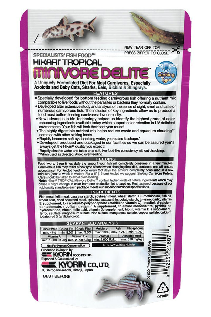 Hikari® Minivore Delite® Protein-Rich Sinking Pellets for Smaller Carnivorous Fish, 1.41 oz (40g)