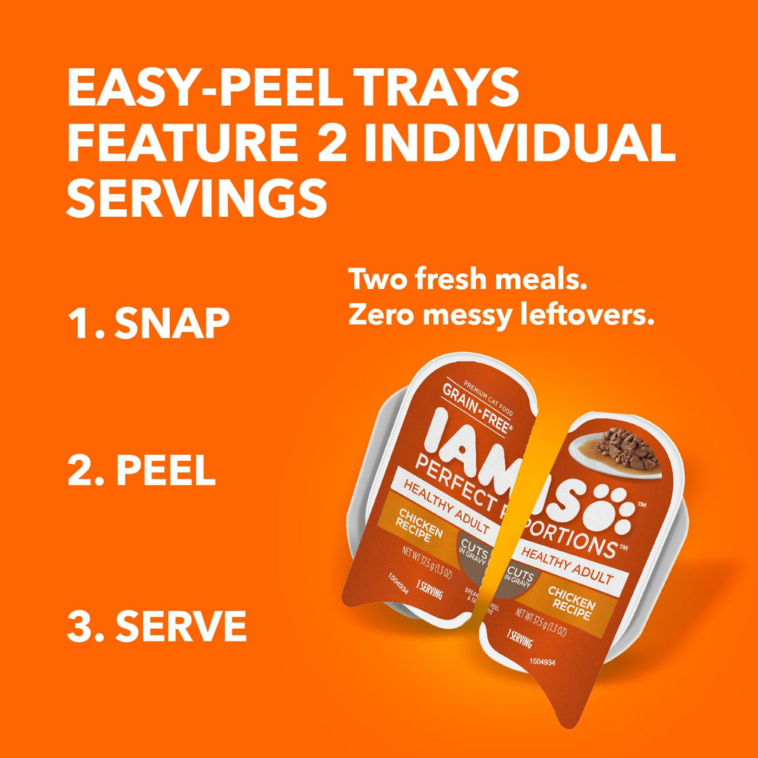 IAMS Perfect Portions Grain Free Wet Cat Food, Healthy Adult Cat Food Wet, Chicken Recipe Cuts in Gravy, (24) 2.6 oz. Twin-Pack Trays (Pack of 2)