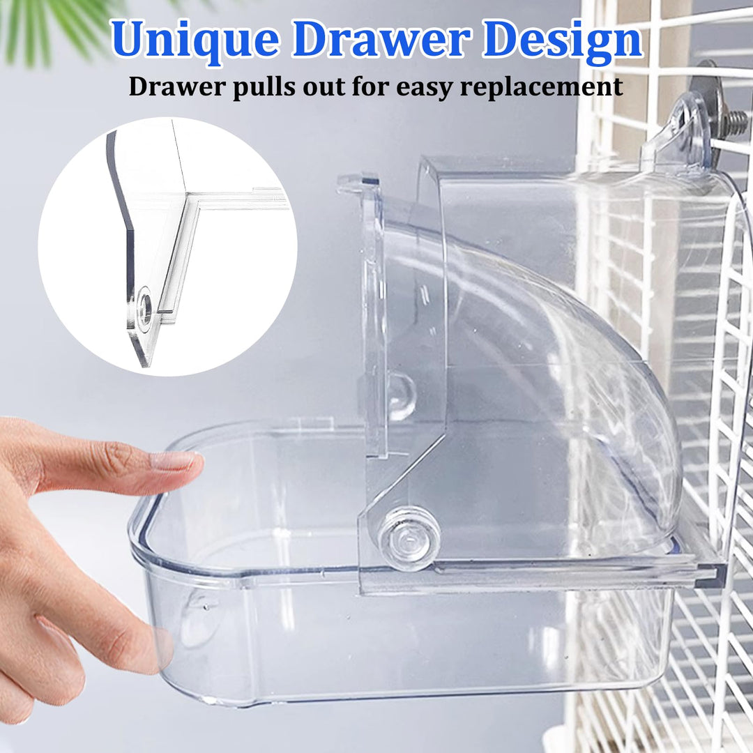 Tfwadmx Bird Cage Bath Hanging Parrot Bath Tub Water Shower Food Feeder Holder Tray Bird Bath Supplies for Small Birds Canary Budgies Cockatiel Lovebirds (Transparent)