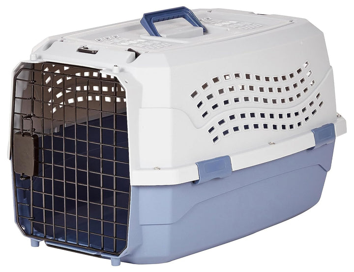 Amazon Basics Sturdy Portable 2-Door Top-Load Hard-Sided Pet Travel Carrier with Secure Ventilation, Handle, Front &amp; Top Entry for Dogs, Cats, 22.8"L x 15"W x 13"H, Gray &amp; Blue