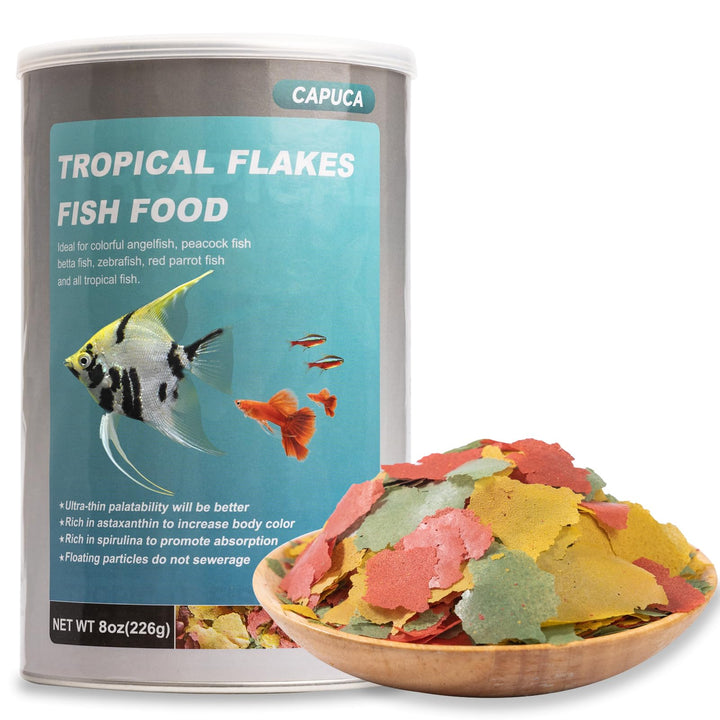 capuca Ultrathin Tropical Fish Flakes, High Protein Fish Food, 8 oz