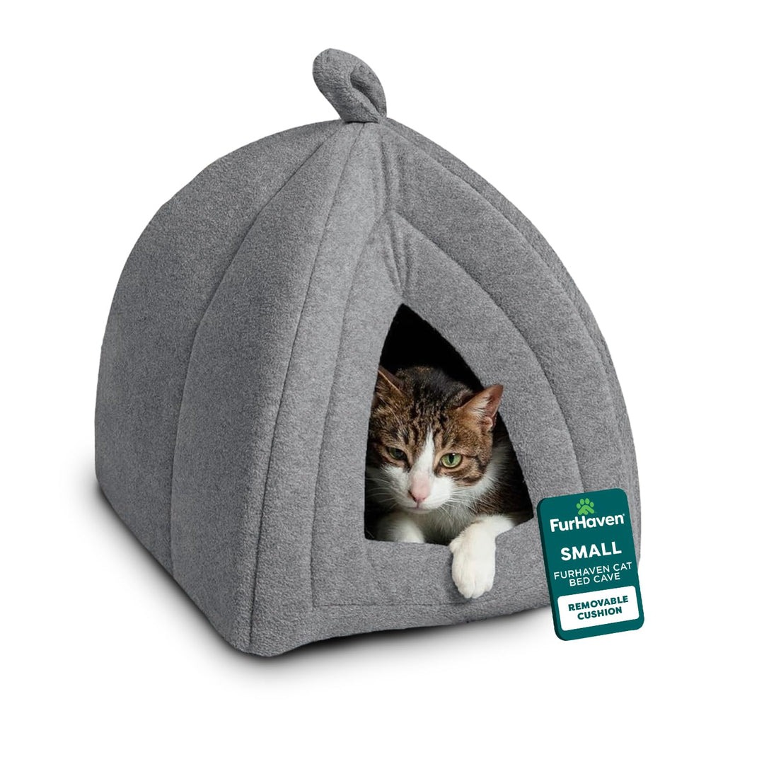 FurHaven Cat Bed Cave for Indoor Cats &amp; Small Dogs, Washable &amp; Foldable Pet Tent with Removable Cushion, Small, Polar Fleece, Heather Gray