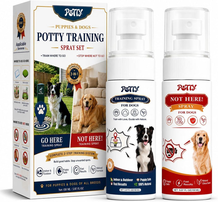 Potty Training Spray for Dogs, Premium Go Here Puppy Training Aid for Housebreaking, Indoor &amp; Outdoor Dog Pee Attractant Spray for Pads, Grass and Trays, 6.8 Fl Oz, (Blue+Orange)