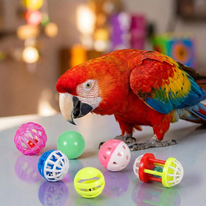 Psiriol 6 Pcs Foraging Ball Bird Toys, Feeder Toys, Foot Talon Toy, Chewing Training Rattle Bell Balls, Parrot Cage Toys for Parakeets, Cockatiels, Conures, Love Birds and Other Small to Medium Birds