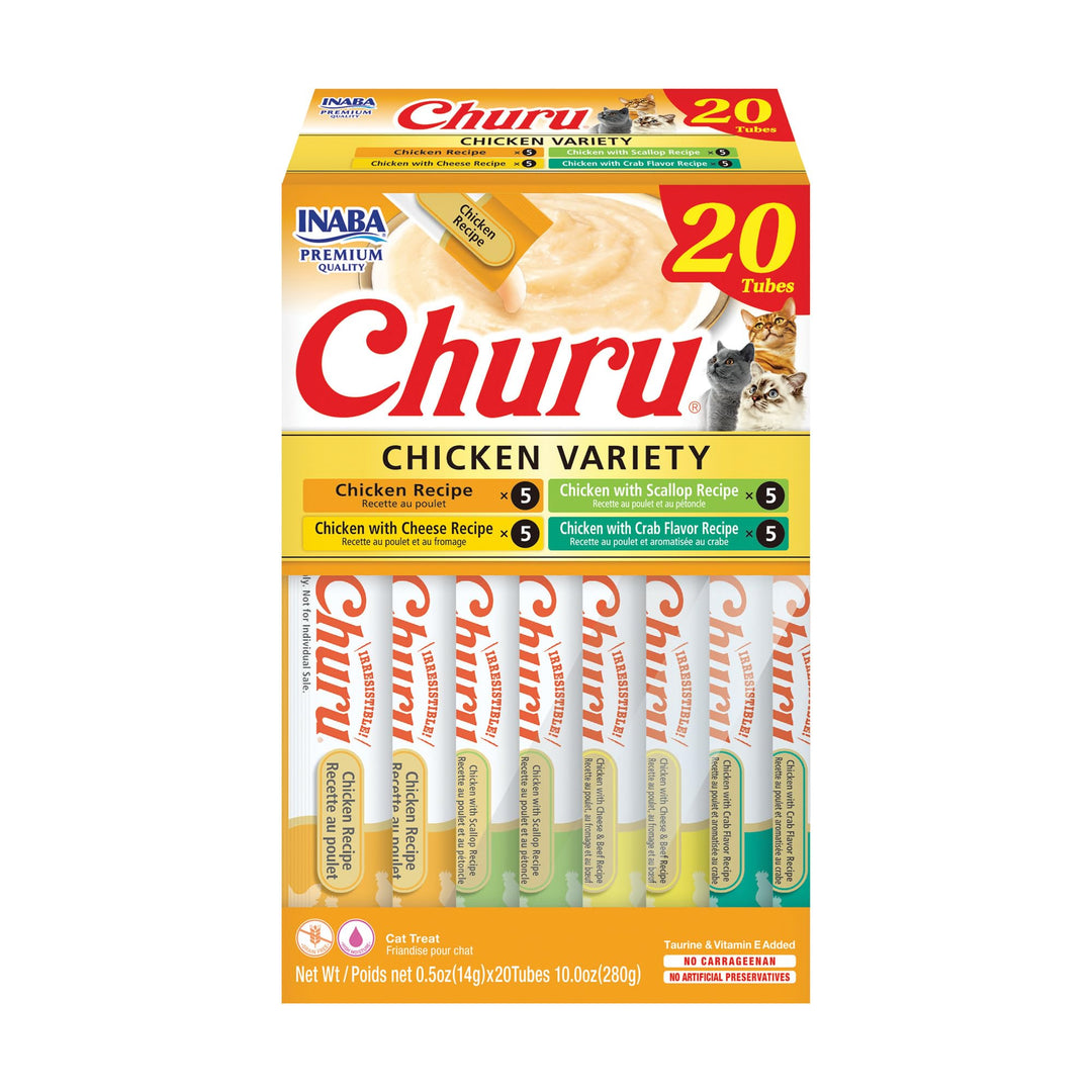INABA Churu Cat Treats, Lickable, Squeezable Creamy Purée Cat Treat with Green Tea Extract &amp; Taurine, 0.5 Ounces Each Tube, 20 Tubes, Chicken Variety Box