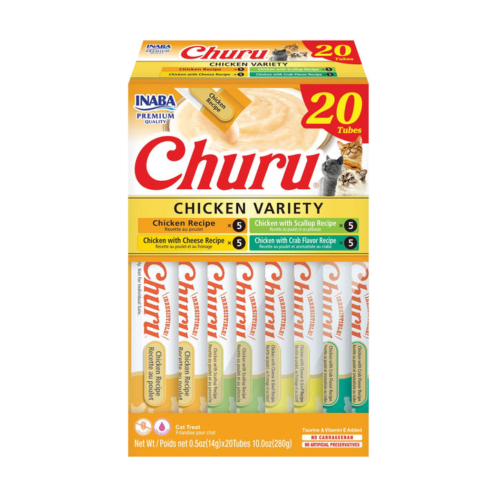 INABA Churu Cat Treats, Lickable, Squeezable Creamy Purée Cat Treat with Green Tea Extract &amp; Taurine, 0.5 Ounces Each Tube, 20 Tubes, Chicken Variety Box