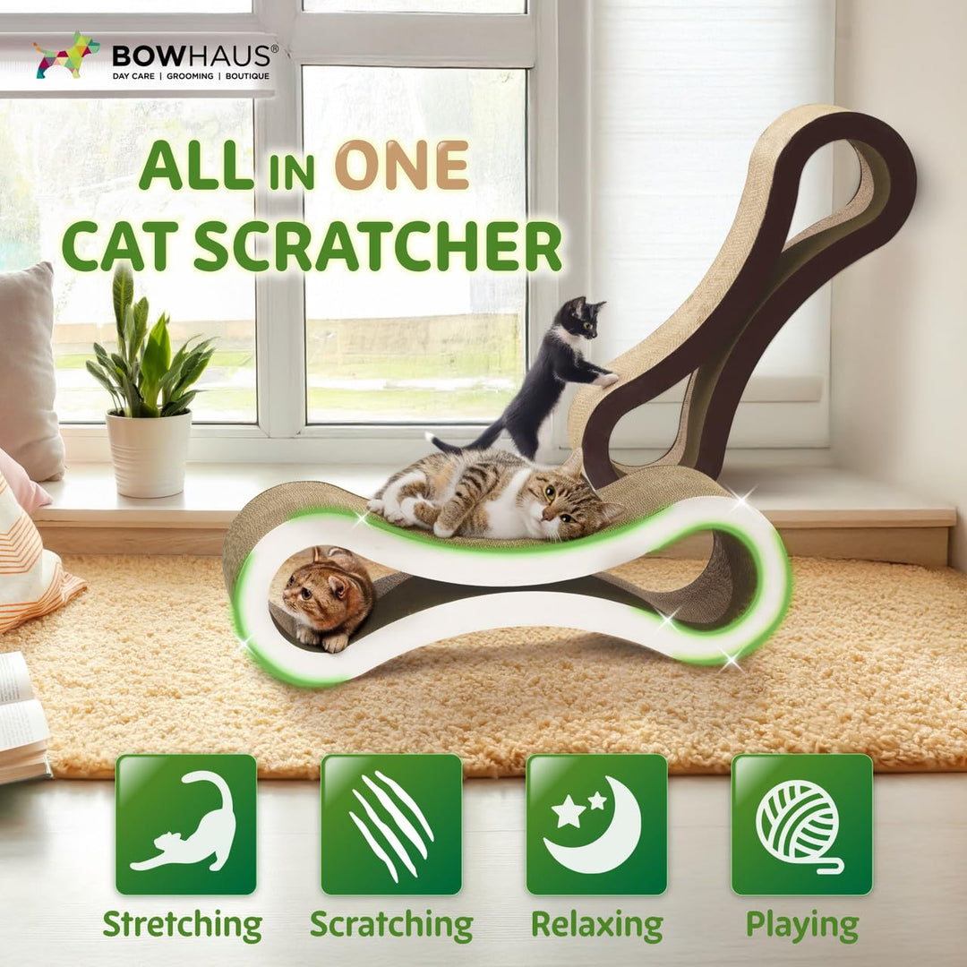 BOWHAUS Infinity Cat Scratcher Lounger, Reversible Scratcher, Durable &amp; Long-Lasting, Cat Cardboard Scratcher, Large Cat Scratching Pad, Scratching Board, Infinity Scratch Pad for Indoor Cats, White