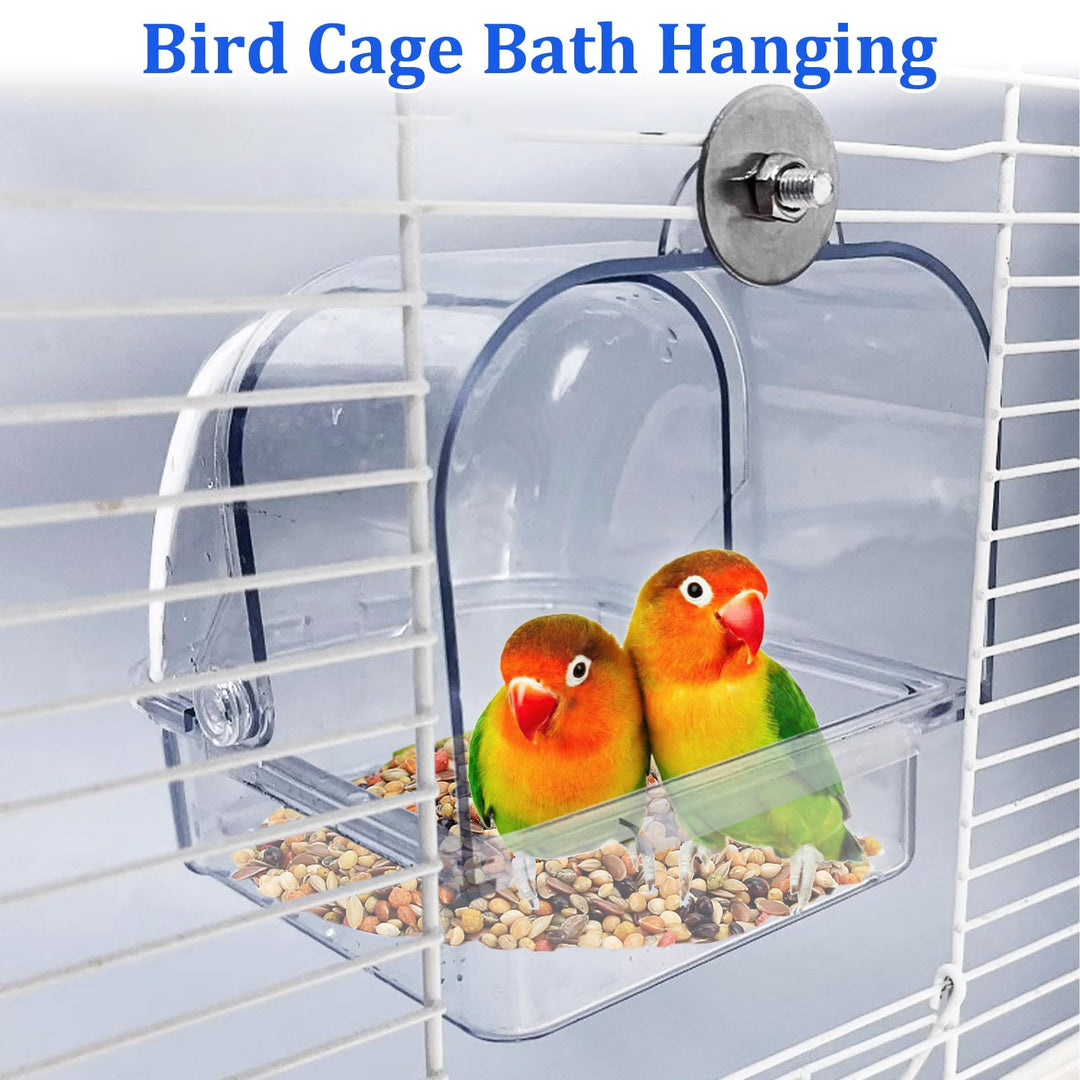 Tfwadmx Bird Cage Bath Hanging Parrot Bath Tub Water Shower Food Feeder Holder Tray Bird Bath Supplies for Small Birds Canary Budgies Cockatiel Lovebirds (Transparent)