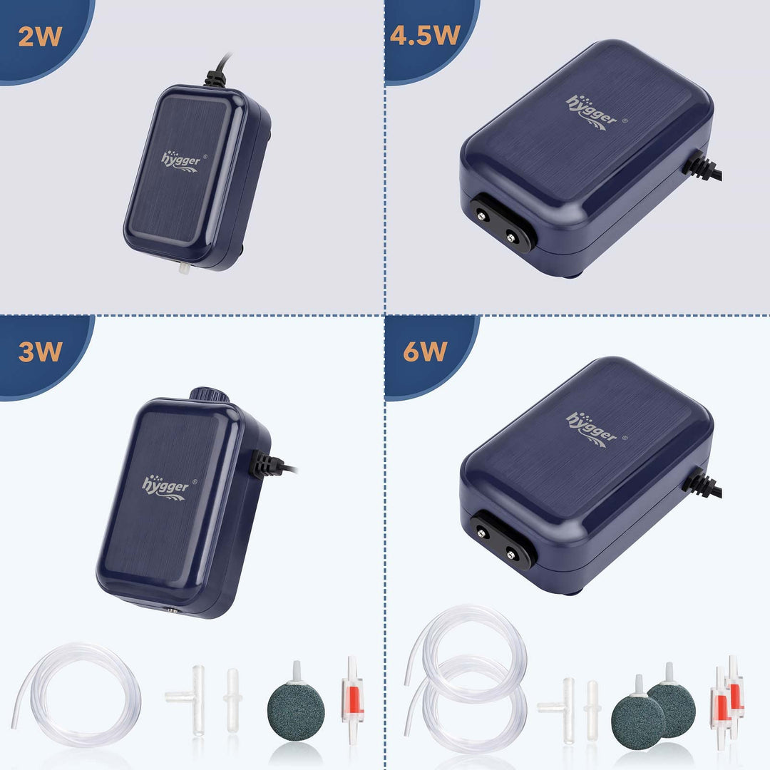hygger Aquarium Air Pump, Adjustable Oxygen Pump, Silent Powerful Aerator Pump 2W/3W/4.5W/6W/ 2 Air Outlets Ultra for Up to 100 Gallon Tank (6W) with Accessories