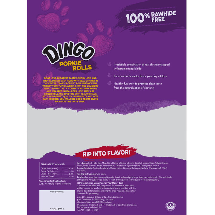 Dingo Porkie Rolls Pork Hide Dog Treats, with Real Pork &amp; Chicken, 15 Ct