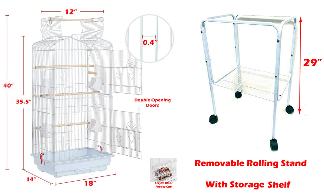 Large Open/Close Top Bird Cage Side Breeding Nest Box Doors Easy Clean Pull Out Tray Clear Feeder Cups for Canary Parakeet Cockatiel Lovebird Finches with Removable Rolling Stand