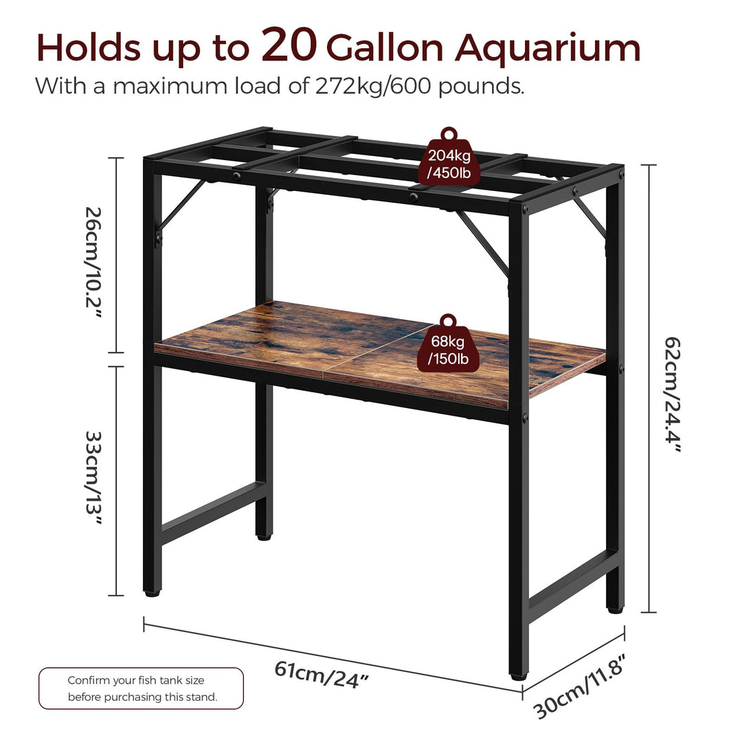 MAHANCRIS 20 Gallon Fish Tank Stand, Aquarium Stand with 2-Tier Storage Shelves, Heavy Duty Breeder Turtle Terrarium Stand Rack for Home Office, 24.0" L x 11.8" W x 24.4" H, Rustic Brown FTHR2001