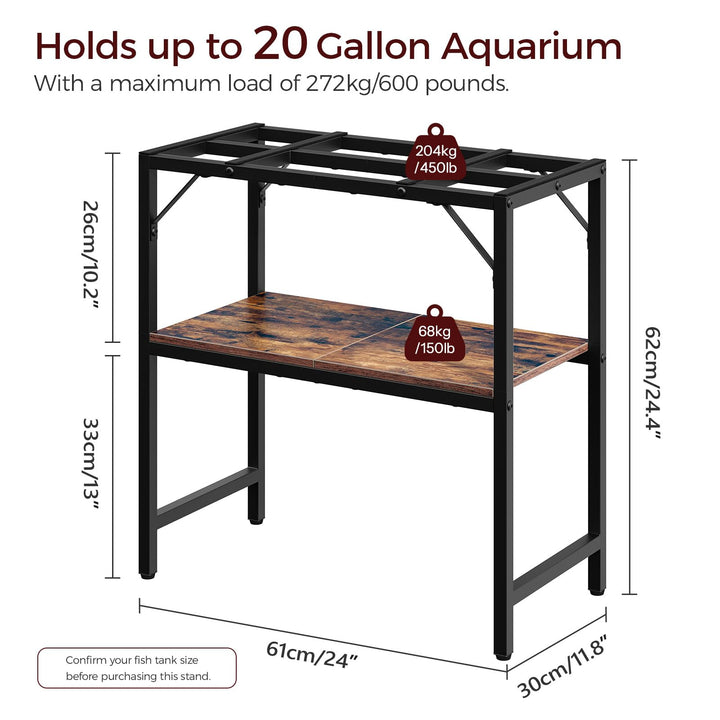 MAHANCRIS 20 Gallon Fish Tank Stand, Aquarium Stand with 2-Tier Storage Shelves, Heavy Duty Breeder Turtle Terrarium Stand Rack for Home Office, 24.0" L x 11.8" W x 24.4" H, Rustic Brown FTHR2001