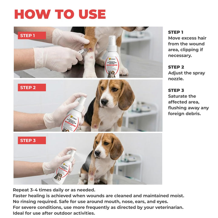 Veterra Dog and Cat Wound Care Spray for Dogs &amp; Cats – Vet Recommended Skin Cleansing Spray, Helps Clean Minor Cuts &amp; Scratches, Supports Skin Hygiene, Gentle No-Sting Formula - 3.38 Oz 100 Ml