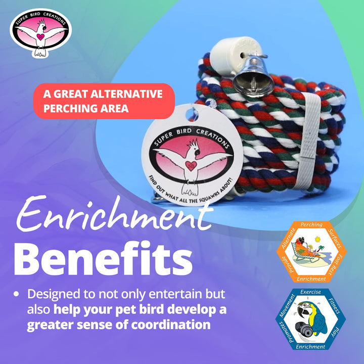 Super Bird Creations SB323 Small Bungee Bird Toy - Rope Perch for Canary, Parakeets, Cockatiels, Finch, Lovebirds - Colorful Hanging Perch - Enriching Bungee Toy for Small Birds &amp; in Bird Cages