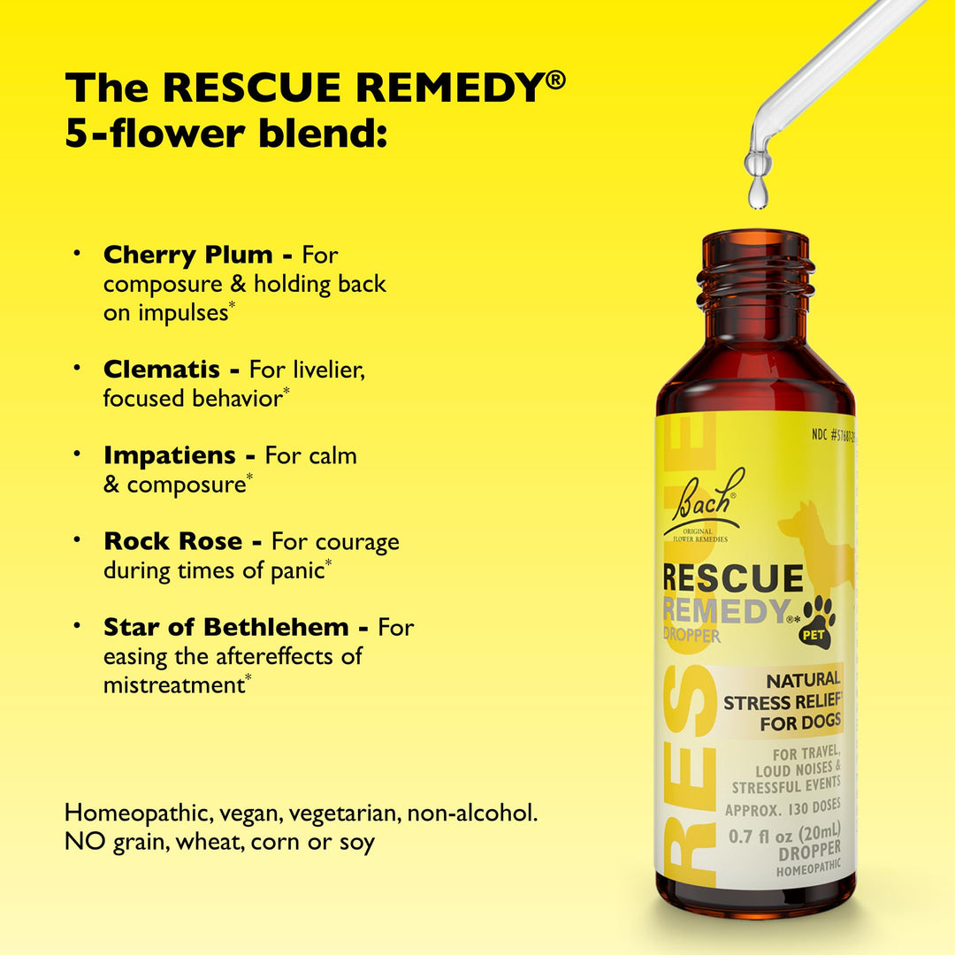 RESCUE Remedy Pet Dropper for Dogs - 20 mL - Stress &amp; Tension Support for Dogs with Bach Natural Flower Essences - Sedative-Free, Homeopathic Liquid Formula - for All Breeds, Ages &amp; Weights
