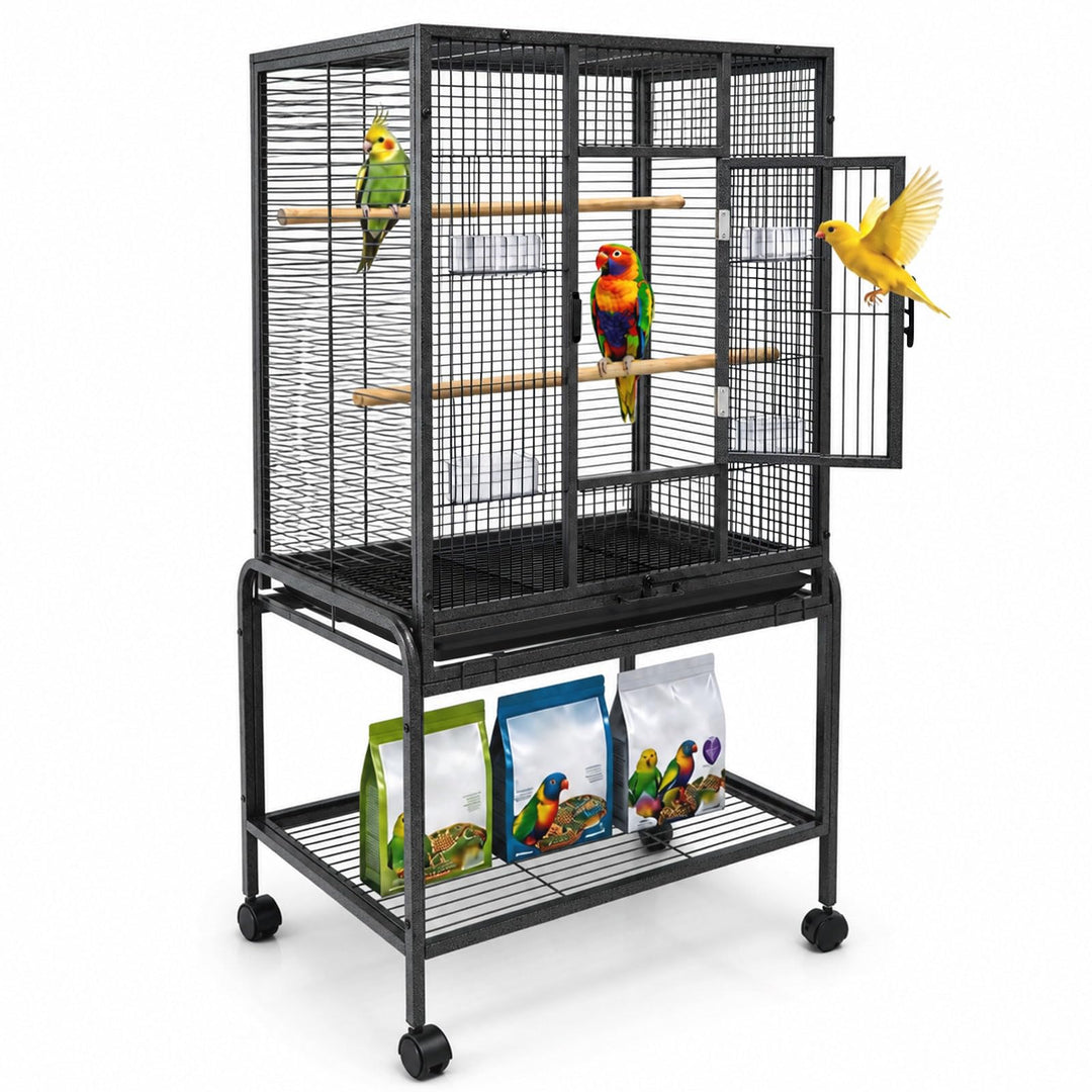 Caetine 54-Inch Bird Cage with Horizontal Wire Design, Wrought Iron Bird Flight Cage with Rolling Stand, and Slide-Out Tray Suitable for Parrot, Cockatiel, Lovebird, Finch, Pigeon.