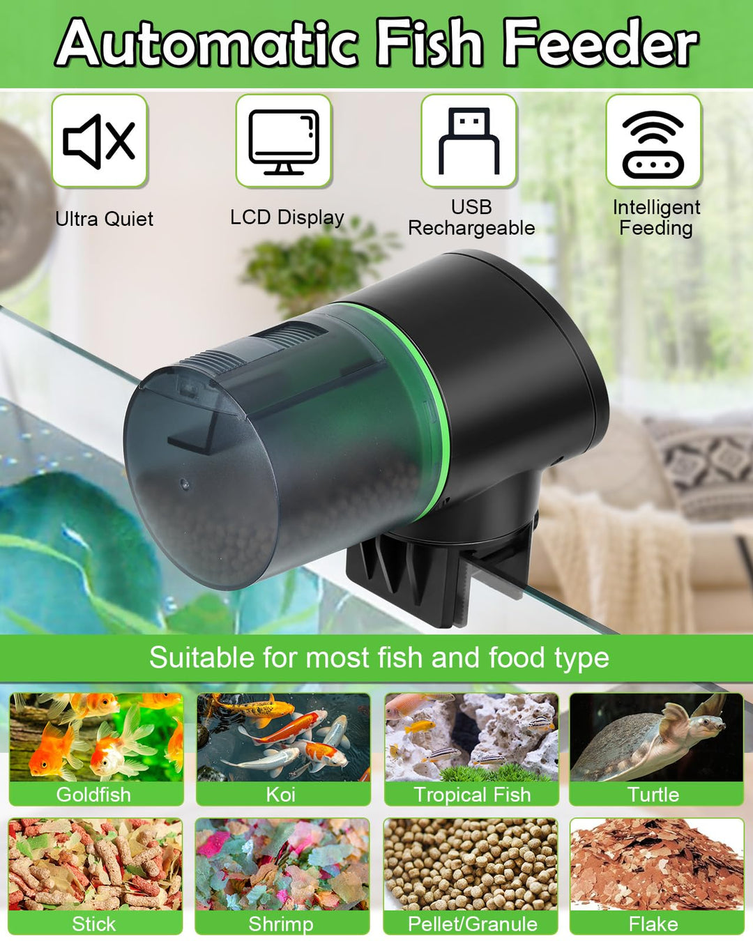 Petbank Automatic Fish Feeder for Aquarium Easy Setup &amp; 4 Timers Black