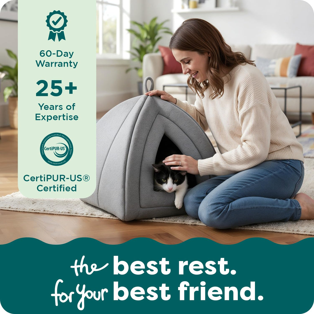 FurHaven Cat Bed Cave for Indoor Cats &amp; Small Dogs, Washable &amp; Foldable Pet Tent with Removable Cushion, Small, Polar Fleece, Heather Gray