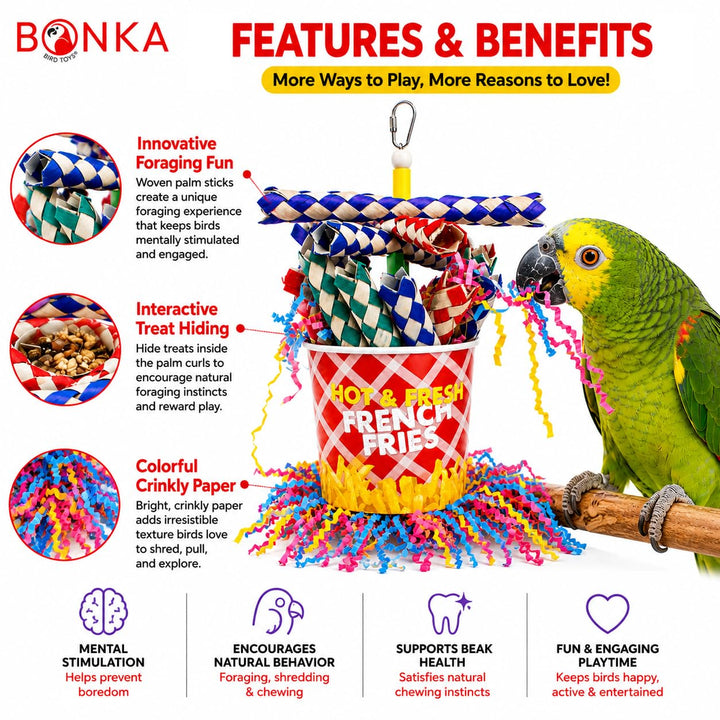 Bonka Bird Toys 2306 French Fries Small Medium Bird Toy Foraging Bamboo Trap Cup Paper Shred Cockatiels Parakeets Conures and Other Similar Sized Birds