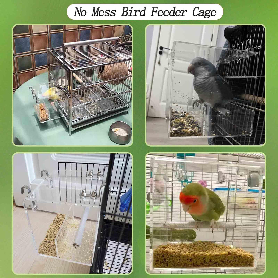No Mess Bird Feeder for Cage, Automatic Acrylic Bird Feeder Seed Catcher Tray Cage with Stainless Steel Hooks for Small Parrots Canary Parakeet Budgerigar Crested Cockatiel Lovebird (Small)