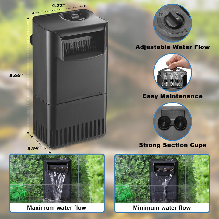 222GPH 10W Turtle Tank Filter Aquarium Filter Power Adjustable 10-40 Gal