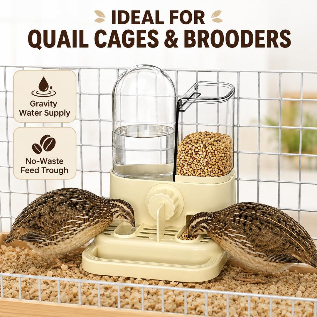 2-in-1 Quail Feeder and Waterer for Cage, Gravity Auto Bird Water Feeder No-Waste Bird Feeder, No-Spill Quail Waterer, Hanging or Standing, Dry/Wet Separation, for Chick/Duck/Hamster