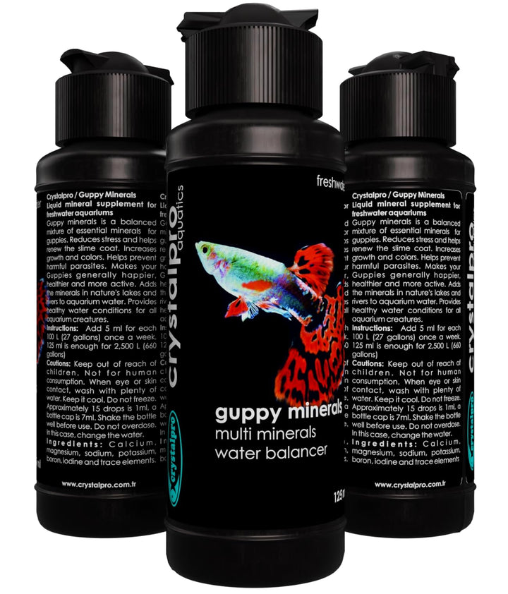 Crystalpro Guppy Minerals 4.22 Oz - Mineral Additive for Guppies - Replenishes Protective Coat and Improves General Health Freshwater Aquarium Salt (125 ml) Treats 660 Gallons
